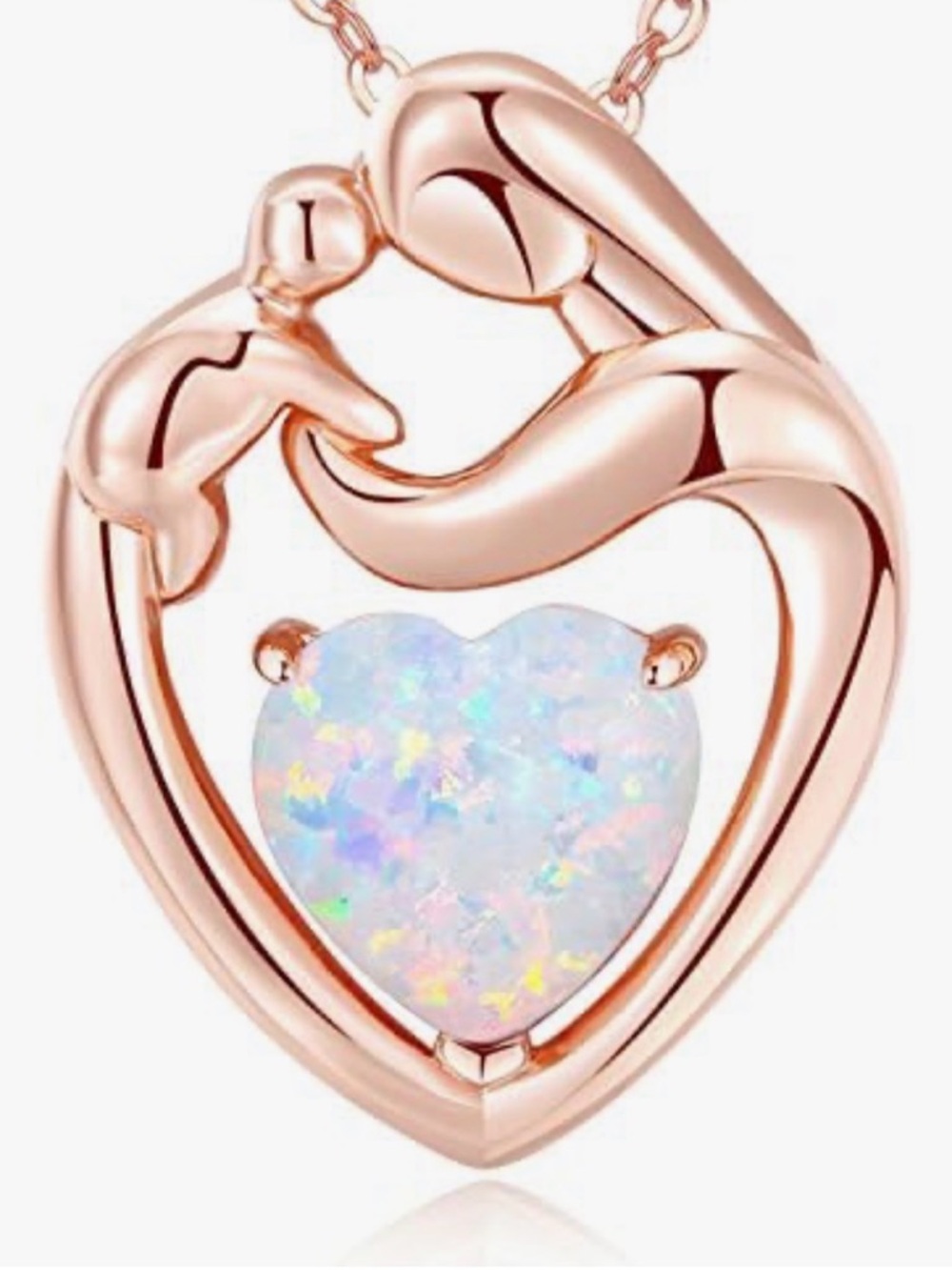 Megachic Rose Gold Heart Opal Mother & Child Pendant Necklace